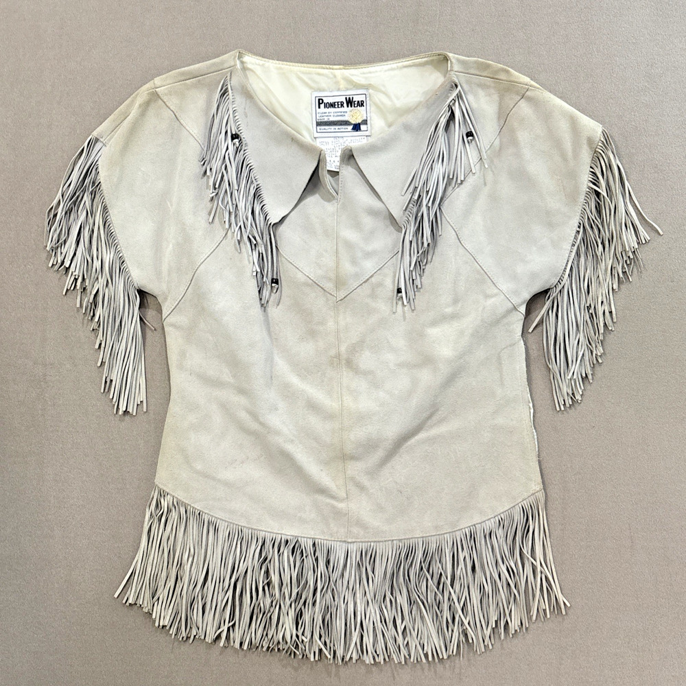 Pioneer Wear Suede Leather “Silver” Fringe Top Shirt Western USA Women Sz 8